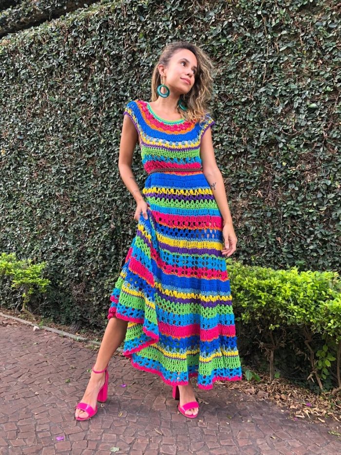 Crochet pattern rainbow striped dress