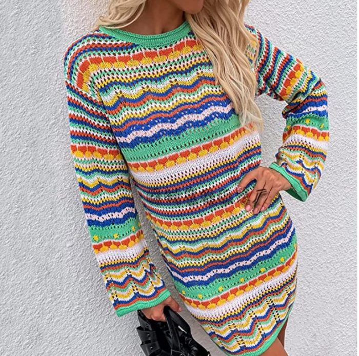 Rainbow Striped Long Sleeve Loose Crochet Striped Hollow Out Mini Casual Sweater Dress Women Sweater Dress