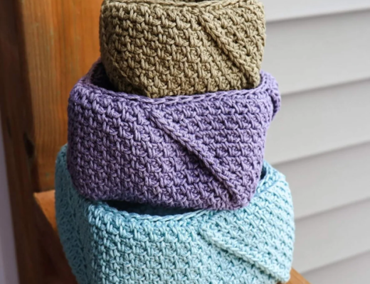 Triad Nesting Baskets are a modern set of three crochet baskets