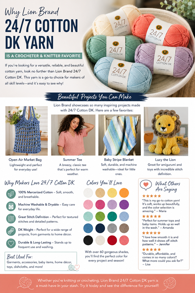 Lion Brand 24/7 Cotton DK Yarn Review: Best Colors, Projects & Ideas for Crochet and Knitting